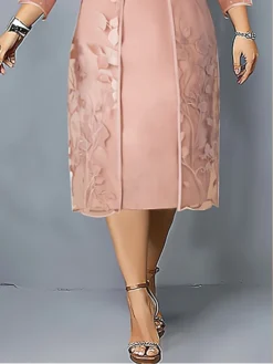 Women's Plus Size Curve Party Dress Dress Set Two Piece Dress Floral Midi Dress 3/4 Length Sleeve Mesh Embroidered Shirt Collar Fashion Party Pink Fall Winter L XL XXL 3XL 4XL -HANs Plus Size Style Shop rzjoaj1697000734303
