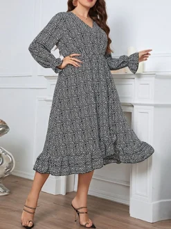 Women's Plus Size Party Dress Wedding Guest Dress Peplum Dresses Midi Dress Black Long Sleeve Print Ruffle Spring Fall Winter V Neck Fashion Winter Dress Evening Party Wedding Guest 2023 XL XXL 3XL -HANs Plus Size Style Shop rzluyc1693535286603