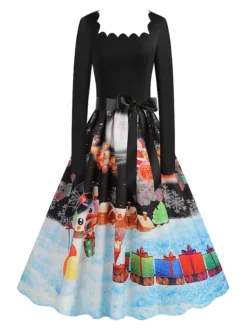 Women's Christmas Vintage Dress Swing Dress Mini Dress Black Pink Dark Blue Red Navy Blue Light Blue Long Sleeve Santa Claus Elk Snowman With Belt Print Winter Fall Square Neck 2022 S M L XL -HANs Plus Size Style Shop rzrxoj1666676136182