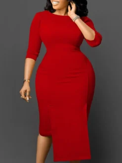 Women‘s Plus Size Curve Work Dress Bodycon Sheath Dress Solid Color Midi Dress 3/4 Length Sleeve Crew Neck Fashion Office White Pink Summer Spring L XL XXL 3XL -HANs Plus Size Style Shop rzywan1679550418714