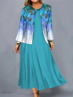 Women's Plus Size Curve Casual Dress Dress Set Two Piece Dress Floral Gradient Midi Dress Long Sleeve Print Crew Neck Fashion Outdoor Red Blue Fall Winter L XL XXL 3XL 4XL -HANs Plus Size Style Shop rzziom1697170155723