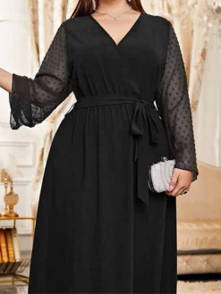 Women's Plus Size Prom Dress Party Dress Wedding Guest Dress Long Dress Maxi Dress Black Green Long Sleeve Pure Color Lace Up Fall Winter Autumn V Neck Fashion Winter Dress Wedding Guest Evening Party -HANs Plus Size Style Shop sajucb1693207137758