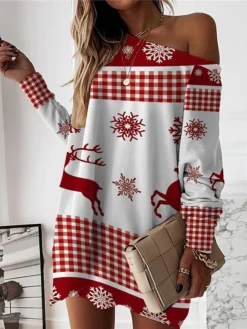 Women‘s Christmas Casual Dress Sweatshirt Dress Mini Dress Warm Fashion Outdoor Holiday Crew Neck Print Geometric Santa Claus Loose Fit White Rusty Red Red S M L XL XXL -HANs Plus Size Style Shop sakvvn1694590809789
