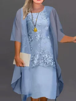 Women‘s Plus Size Curve Casual Dress Floral Crew Neck Lace Half Sleeve Spring Fall Casual Midi Dress Daily Holiday Dress