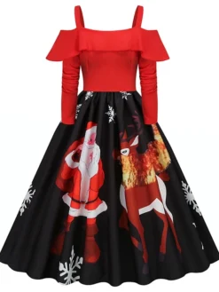 Women's Christmas Swing Dress Slip Dress Vintage Dress Midi Dress Black Wine Light Red Long Sleeve Santa Claus Cold Shoulder Winter Fall Autumn Spaghetti Strap Modern Vacation 2022 S M L XL XXL 3XL