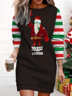 Women's Christmas Casual Dress Sweatshirt Dress Mini Dress Warm Fashion Outdoor Vacation Crew Neck Print Santa Claus Loose Fit ArmyGreen Light Green Wine S M L XL XXL -HANs Plus Size Style Shop sazram1695377415453