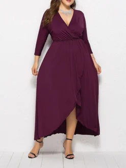 Women's Plus Size Work Dress Black Dress A Line Dress Fashion Long Dress Maxi Dress Ruched V Neck Long Sleeve Plain Loose Fit Black Wine Dark Green Fall XL XXL 3XL 4XL -HANs Plus Size Style Shop sbncow1693203502142