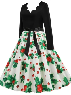Women's Christmas Retro 1950s Vintage Dress Midi Dress Party Ruched Bow Fruit V Neck Long Sleeve Regular Fit Fall Winter 2023 Deep Green Black S M L XL -HANs Plus Size Style Shop scluuo1695363826265
