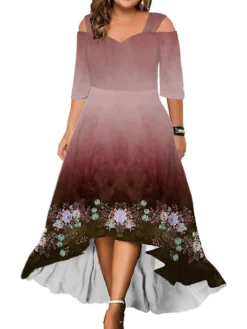 Women‘s Plus Size Curve Party Dress Wedding Guest Dress Swing Dress Long Dress Maxi Dress Black Pink Red 3/4 Length Sleeve Floral Cold Shoulder Summer Spring Fall V Neck Fashion Birthday Wedding Guest