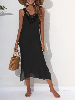 Women's Cover Up Beach Dress Beach Wear Midi Dress Backless Cut Out Basic Casual Plain V Neck Sleeveless Loose Fit Outdoor Daily Black White 2023 Spring Summer S M L XL -HANs Plus Size Style Shop scvlvb1674988945191