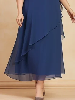 Women's Plus Size Curve Prom Dress Party Dress Wedding Guest Dress Long Dress Maxi Dress Blue Half Sleeve Pure Color Ruffle Spring Fall Autumn Crew Neck Fashion Evening Party Wedding Guest Fall Dress -HANs Plus Size Style Shop scwimq1691572162507