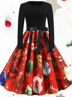 Women's Christmas Swing Dress Vintage Dress Mini Dress Black Long Sleeve Print Bow Print Winter Fall Crew Neck Vintage Romantic Traditional 2022 S M L XL 2XL