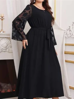 Women's Plus Size Curve Prom Dress Party Dress Wedding Guest Dress Long Dress Maxi Dress Black Long Sleeve Pure Color Lace Up Fall Winter Autumn Crew Neck Fashion Evening Party Wedding Guest -HANs Plus Size Style Shop scyfxf1693210774999