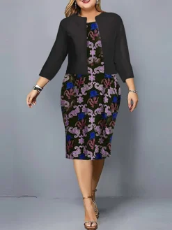 Women's Plus Size Curve Casual Dress Dress Set Two Piece Dress Floral Midi Dress Long Sleeve Print Crew Neck Fashion Outdoor Black Red Fall Winter L XL XXL 3XL 4XL -HANs Plus Size Style Shop sdaxzr1695362720658