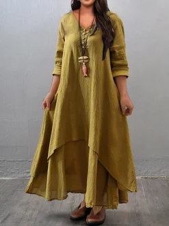 Women‘s Plus Size Curve Casual Dress Swing Dress Solid Color Long Dress Maxi Dress Long Sleeve Button Fake Two Piece V Neck Basic Daily Black White Summer Spring L XL XXL 3XL 4XL -HANs Plus Size Style Shop sdkjqo1678346795617