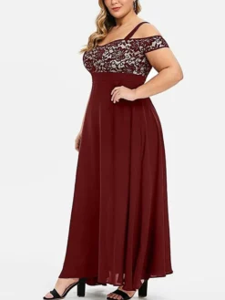 Women‘s Plus Size Curve Party Dress Homecoming Dress Formal Dress Solid Color Long Dress Maxi Dress Short Sleeve Lace Strap Modern Party Black Wine Summer Spring L XL XXL 3XL 4XL -HANs Plus Size Style Shop sdsvpm1673244331936