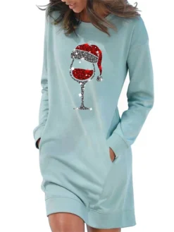 Women's Casual Dress Sweatshirt Dress Shift Dress Mini Dress Light Blue White Grey Long Sleeve Christmas Hat Pocket Fall Winter Autumn Crew Neck Stylish Winter Dress Christmas Fall Dress Loose Fit -HANs Plus Size Style Shop sdwpoy1666088713830