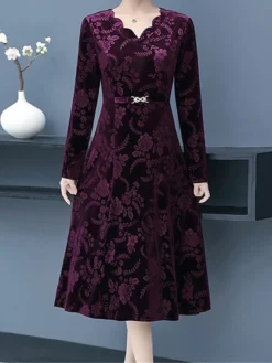 Women's Plus Size Party Dress Velvet Dress Cocktail Dress Midi Dress Wine Blue Purple Long Sleeve Floral Jacquard Spring Fall Winter Split Neck Fashion Winter Dress Wedding Guest Vacation 2023 XL XXL -HANs Plus Size Style Shop sdxqko1692242387422