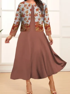 Women's Plus Size Two Piece Dress Set Casual Dress Swing Dress Outdoor Office Fashion Streetwear Print Midi Dress Crew Neck Long Sleeve Floral Plaid Regular Fit Pink Dark Pink Blue Fall Winter L XL -HANs Plus Size Style Shop seaoya1693213906349