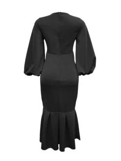 Women‘s Plus Size Curve Party Dress Solid Color V Neck Ruched Puff Sleeve Long Sleeve Winter Fall Casual Maxi Long Dress Party Vacation Dress Sheath Dress Black Dress -HANs Plus Size Style Shop sedzbv1649744188093