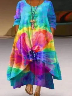 Women's Plus Size Curve Casual Dress Swing Dress Print Maxi Long Dress Long Sleeve Layered Asymmetric Crew Neck Vintage Daily Light Blue Blue Spring Fall L XL XXL XXXL 4XL -HANs Plus Size Style Shop seexgi1646296520397