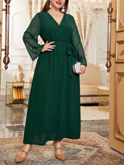 Women's Plus Size Prom Dress Party Dress Wedding Guest Dress Long Dress Maxi Dress Black Green Long Sleeve Pure Color Lace Up Fall Winter Autumn V Neck Fashion Winter Dress Wedding Guest Evening Party -HANs Plus Size Style Shop sehuvl1693207136026