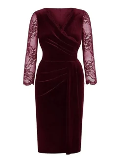 Women's Plus Size Curve Party Dress Velvet Dress Work Dress Plain Midi Dress 3/4 Length Sleeve Lace Ruched V Neck Fashion Party Black Wine Fall Winter XL XXL 3XL 4XL -HANs Plus Size Style Shop seqkts1696567800990