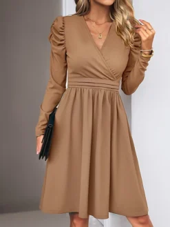Women's Casual Dress Plain Dress Empire Waist Dresses Midi Dress Ruched Outdoor Daily Holiday Fashion Modern V Neck Long Sleeve 2023 Regular Fit Black Green Khaki Color S M L XL Size -HANs Plus Size Style Shop sezlnm1692081748587