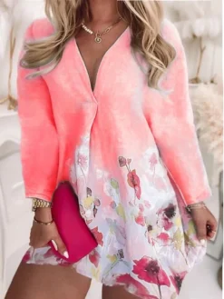 Women‘s Plus Size Curve Apple Shaped Dress Casual Dress Floral V Neck Print Long Sleeve Winter Fall Stylish Casual Mini Dress Daily Vacation Dress Weekend -HANs Plus Size Style Shop sfncvx1638498088428