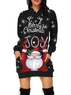 Women's Casual Dress Christmas Dress Hoodie Dress Letter Print Pocket Print Hooded Mini Dress Active Fashion Outdoor Christmas Long Sleeve Loose Fit Light Pink Black Red Fall S M L XL XXL -HANs Plus Size Style Shop sftzbm1694153250365