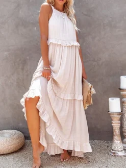 Women's Long Dress Maxi Dress Casual Dress Swing Dress Summer Dress Pure Color Casual Daily Vacation Weekend Ruffle Pocket Sleeveless Crew Neck Dress Regular Fit White Yellow Pink Spring Summer S M L -HANs Plus Size Style Shop sgbseb1672990007718