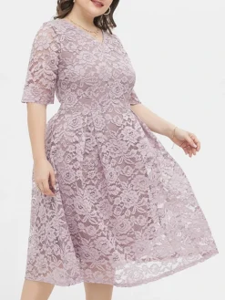 Women‘s Plus Size Curve Party Dress Lace Dress Cocktail Dress Midi Dress Black Pink Wine Half Sleeve Pure Color Lace Summer Spring Fall V Neck Fashion Birthday Wedding Guest Vacation 2023 -HANs Plus Size Style Shop sgdopl1691564487622