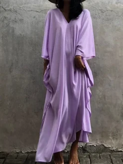 Women's Cover Up Beach Dress Beach Wear Long Dress Maxi Dress Split Basic Casual Plain V Neck 3/4 Length Sleeve Loose Fit Outdoor Daily White Yellow 2023 Spring Summer One Size -HANs Plus Size Style Shop sgjrbf1672912305001