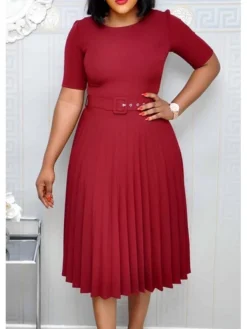 Women‘s Plus Size Curve Party Dress Solid Color Crew Neck Ruched Short Sleeve Spring Fall Work Formal Prom Dress Knee Length Dress Party Work Dress Loose Fit -HANs Plus Size Style Shop sglpmd1620625708324