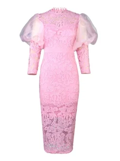 Women‘s Plus Size Curve Party Dress Lace Dress Cocktail Dress Midi Dress White Pink Long Sleeve Pure Color Lace Spring Fall Winter Stand Collar Fashion Wedding Guest Vacation Fall Dress 2023 -HANs Plus Size Style Shop sgpipk1690946609742