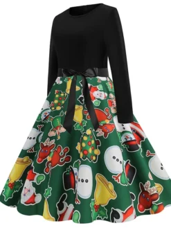 Women's Christmas Casual Dress Swing Dress Midi Dress Green Light Green Red Long Sleeve Santa Claus Elk Snowman Bow Print Winter Fall V Neck Vacation Vintage 2022 S M L XL XXL 3XL -HANs Plus Size Style Shop shbieo1666762310613