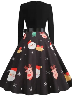 Women's Christmas Vintage Dress Midi Dress Black And White Green Black Long Sleeve Santa Claus Bow Winter Fall Autumn Square Neck Stylish Christmas Vacation 2022 S M L XL XXL 3XL -HANs Plus Size Style Shop shborn1667637302688