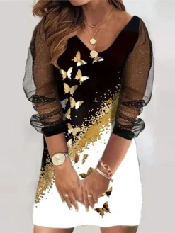 Women‘s Plus Size Curve Holiday Dress Floral V Neck Mesh Long Sleeve Fall Spring Casual Mini Dress Casual Daily DressSheath DressBlack DressPrint -HANs Plus Size Style Shop shcjaf1647491217857