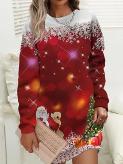 Women‘s Christmas Casual Dress Sweatshirt Dress Mini Dress Warm Fashion Outdoor Holiday Crew Neck Print Animal Tree Loose Fit White Red Burgundy S M L XL XXL