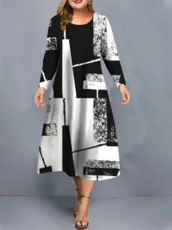 Women's Plus Size Curve Christmas Dress Casual Dress Skater Dress Plaid Midi Dress Long Sleeve Print Crew Neck Fashion Outdoor White Wine Fall Winter L XL XXL 3XL 4XL -HANs Plus Size Style Shop shluhf1697632929749