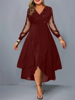 Women‘s Plus Size Curve Party Dress Lace Dress Black Dress Swing Dress Plain Long Dress Maxi Dress Long Sleeve Ruffle Mesh V Neck Fashion Party Wine Fall Winter L XL XXL 3XL 4XL -HANs Plus Size Style Shop shohan1694584595062