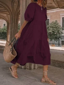 Women‘s Plus Size Curve Holiday Dress Solid Color Crew Neck Half Sleeve Fall Spring Casual Boho Maxi Long Dress Daily Vacation Dress Cotton -HANs Plus Size Style Shop shomoj1621240348680