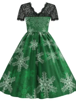 Women's Christmas Knee Length Dress Blue Purple Wine Green Black Red Short Sleeve Print Lace Print Fall Winter Round Neck CasualRegular Fit 2021 S M L XL XXL 3XL -HANs Plus Size Style Shop shqltd1632737569434