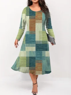 Women's Plus Size Curve Casual Dress Skater Dress A Line Dress Geometric Plaid Midi Dress Long Sleeve Print Crew Neck Fashion Outdoor Yellow Orange Fall Winter L XL XXL 3XL 4XL -HANs Plus Size Style Shop shvkbf1695191647896