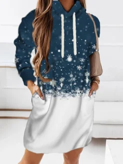 Women's Christmas Hoodie Dress Shift Dress Mini Dress Green Blue Purple Long Sleeve Snowflake Print Winter Fall Autumn Hooded Fashion Daily Date 2022 S M L XL XXL 3XL -HANs Plus Size Style Shop sihnro1667990906151