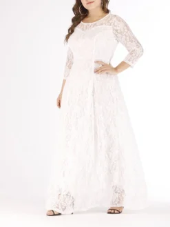 Women‘s Plus Size Curve Party Dress Solid Color Crew Neck Lace 3 4 Length Sleeve Spring Fall Casual Prom Dress Maxi Long Dress PartyEvening Casual Dress -HANs Plus Size Style Shop siudoa1634963334975