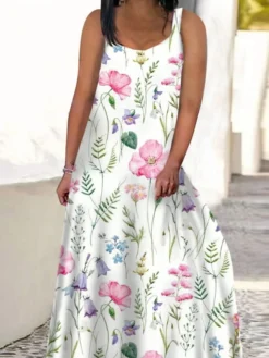 Women‘s Plus Size Curve Casual Dress Swing Dress Tank Dress Floral Long Dress Maxi Dress Sleeveless Print V Neck Modern Daily White Pink Summer Spring L XL XXL 3XL 4XL -HANs Plus Size Style Shop sivknd1683271580486