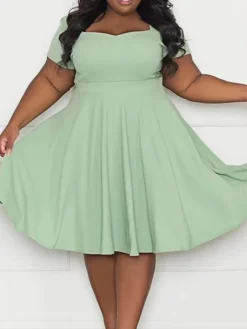 Women‘s Plus Size Curve Casual Dress A Line Dress Solid Color Midi Dress Short Sleeve Ruched Square Neck Fashion Outdoor Black Pink Summer Spring XL XXL 3XL 4XL 5XL -HANs Plus Size Style Shop sjcsia1678870579485