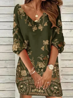 Women's Sweatshirt Dress Shift Dress Mini Dress Black Light Green Dark Green 3/4 Length Sleeve Graphic Print Spring Fall Winter V Neck Fashion Vacation Loose Fit 2023 S M L XL 2XL 3XL -HANs Plus Size Style Shop sjmdzh1669951758869