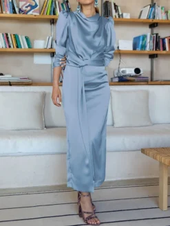 Women's Casual Dress Plain Dress Spring Dress Midi Dress Split Knot Front Work Street Daily Fashion Streetwear Crew Neck Long Sleeve 2023 Regular Fit Black Blue Green Color S M L XL Size -HANs Plus Size Style Shop sjugmg1692617874634